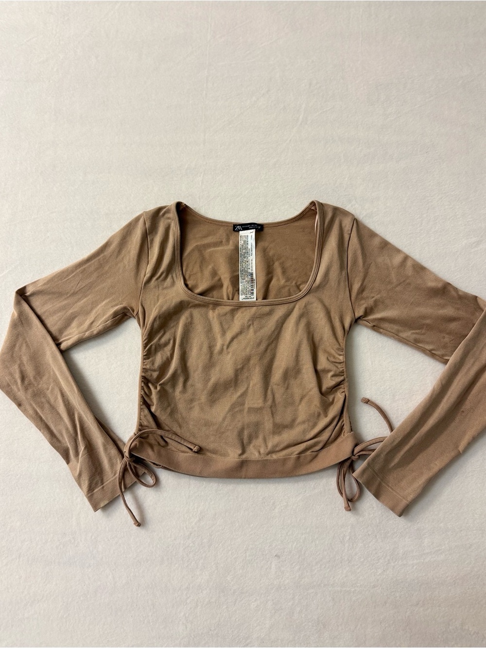 Zara Tan Side Cinch Ruched Drawstring Long Sleeve Crop Top Size M/L